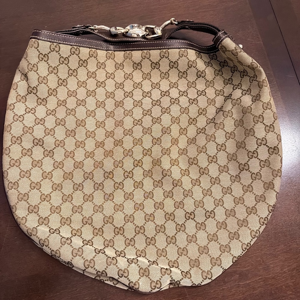 Authentic Gucci “Wave” Hobo Leather and Canvas Handbag